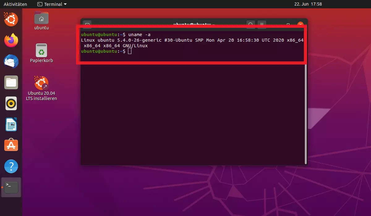 Kommandobefehl uname -a im Terminal