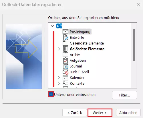 Outlook: Import/Export-Assistent, Auswahl der zu exportierende Ordner