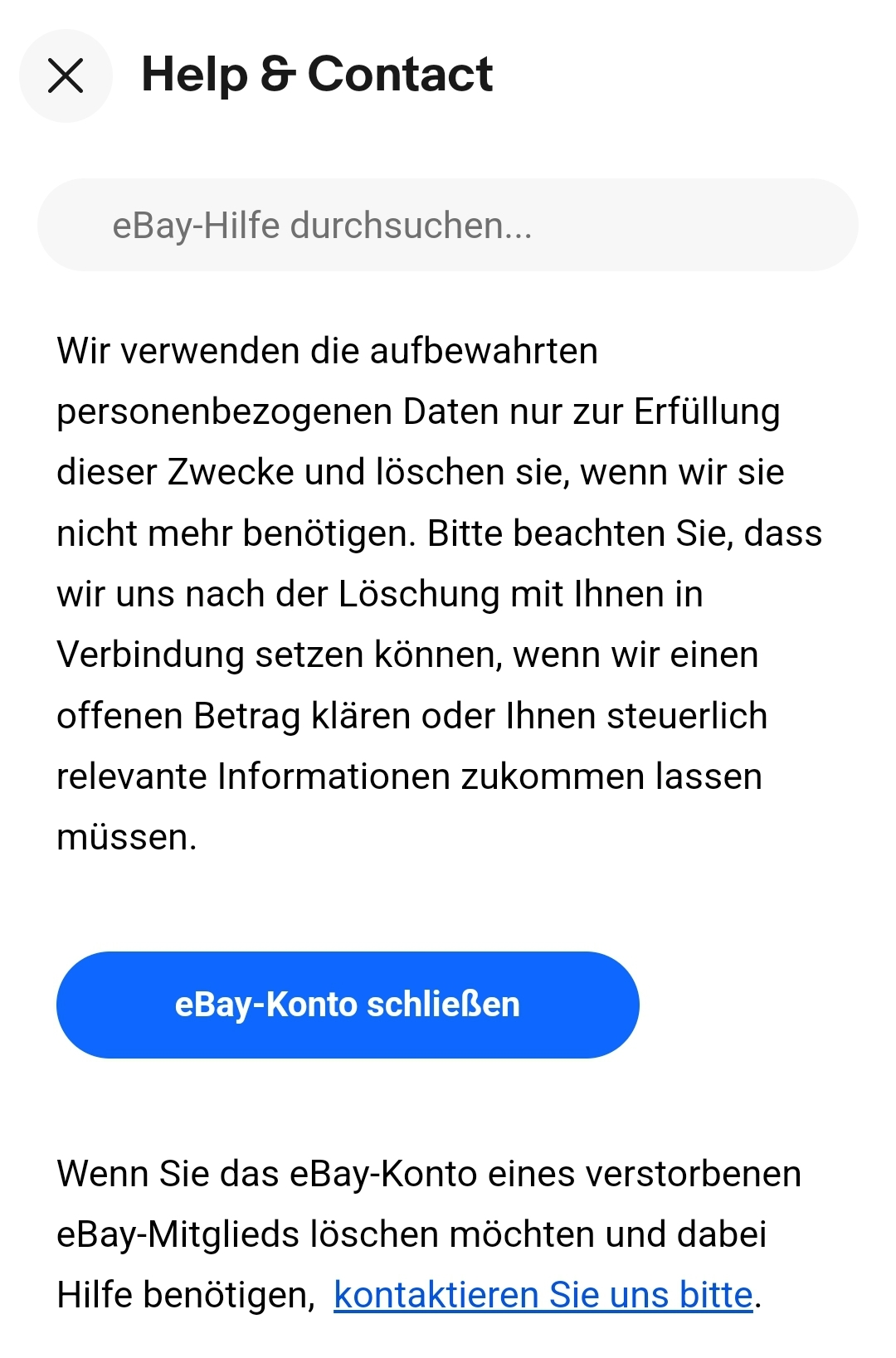 Screenshot der eBay-Hilfeseite „Konto schließen“ mit Schaltfläche