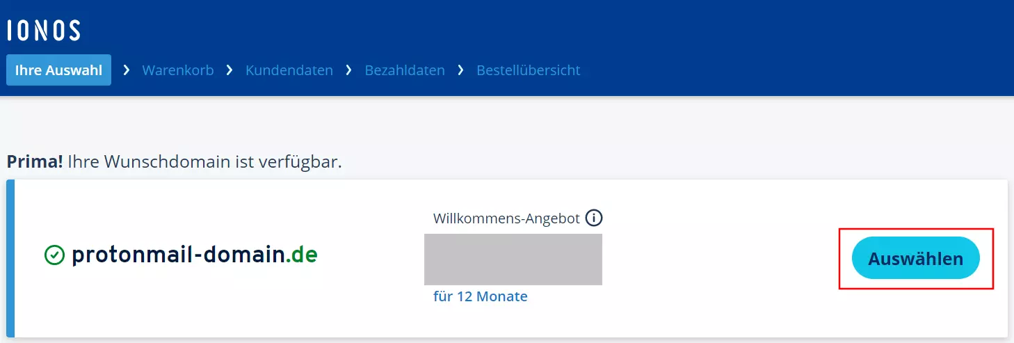 IONOS Shop: „Ihre Wunschdomain ist verfügbar“