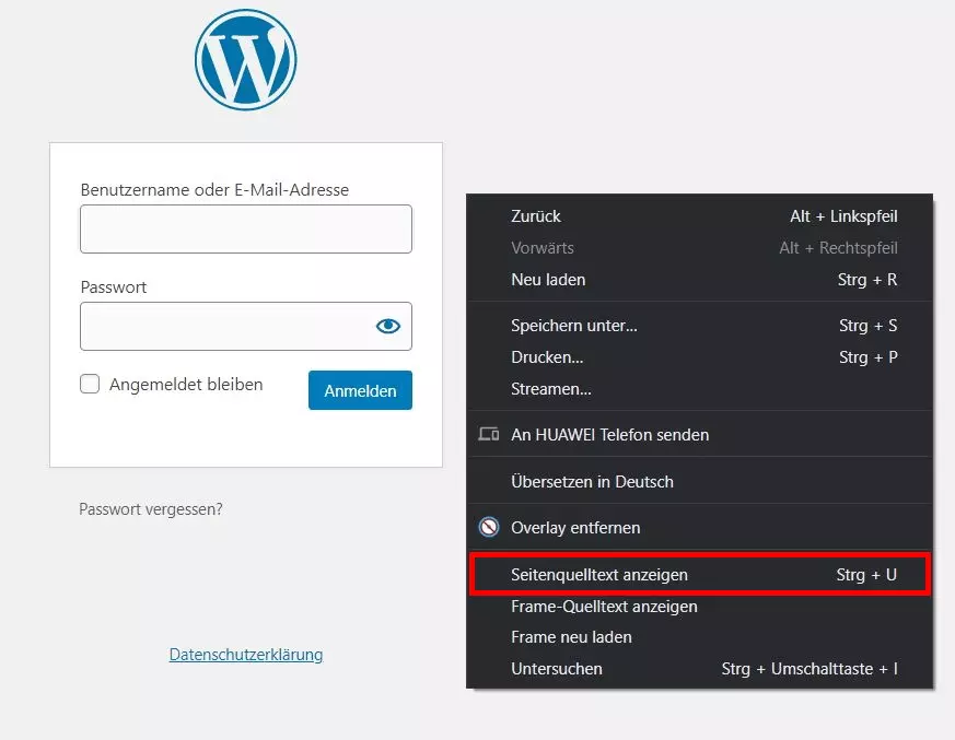 WordPress-Login: Seitenquelltext anzeigen