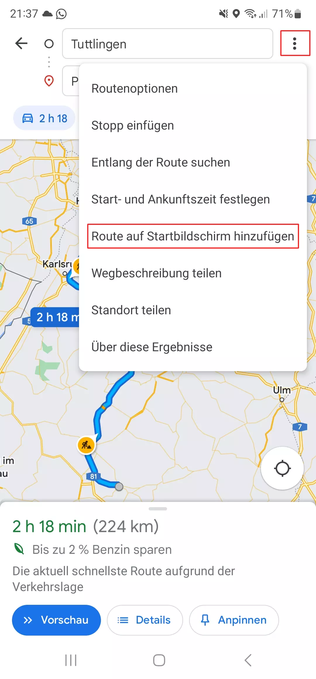 Screenshot der Funktionen der Google-Maps-App