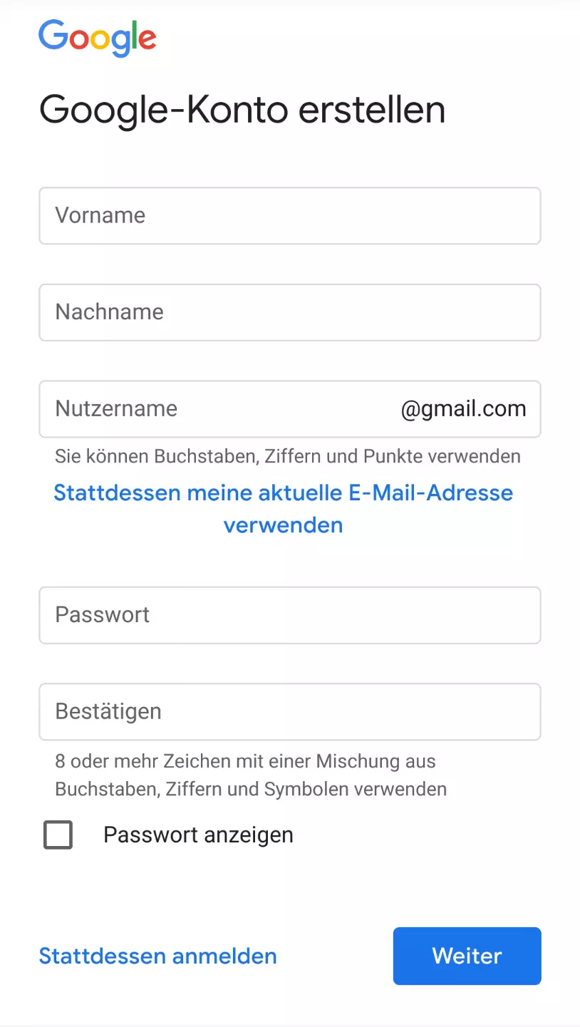 Eingabe von Name, Nutzername und Passwort bei Google