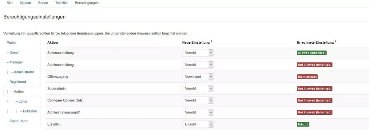 Joomla: Berechtigungseinstellungen für Benutzergruppen