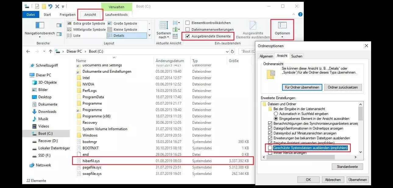 Sichtbare hiberfil.sys-Datei im Ausgangsverzeichnis der Windows-Partition