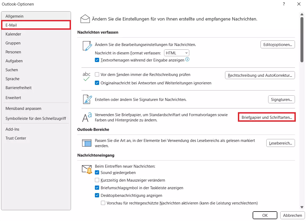 „Briefpapier und Schriftarten“-Schaltfläche in den Outlook-Optionen