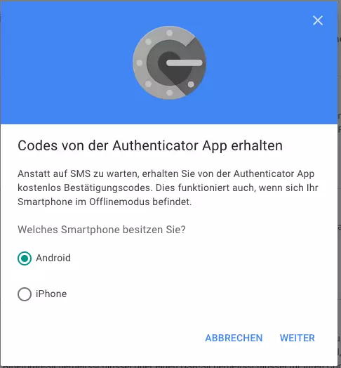 Einrichtung der Google Authenticator App: Smartphone auswählen