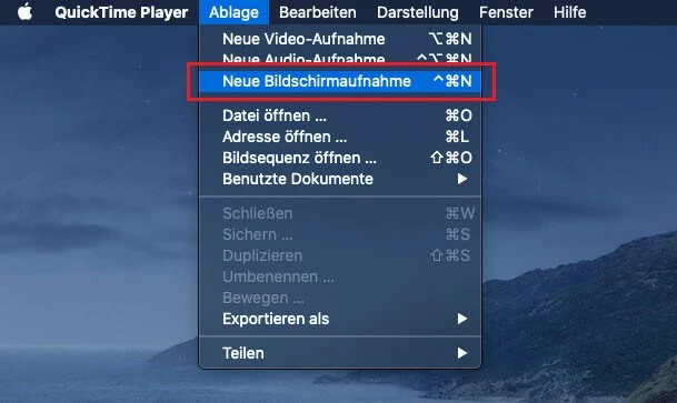 Der Menüpunkt „Neue Bildschirmaufnahme“ im QuickTime Player