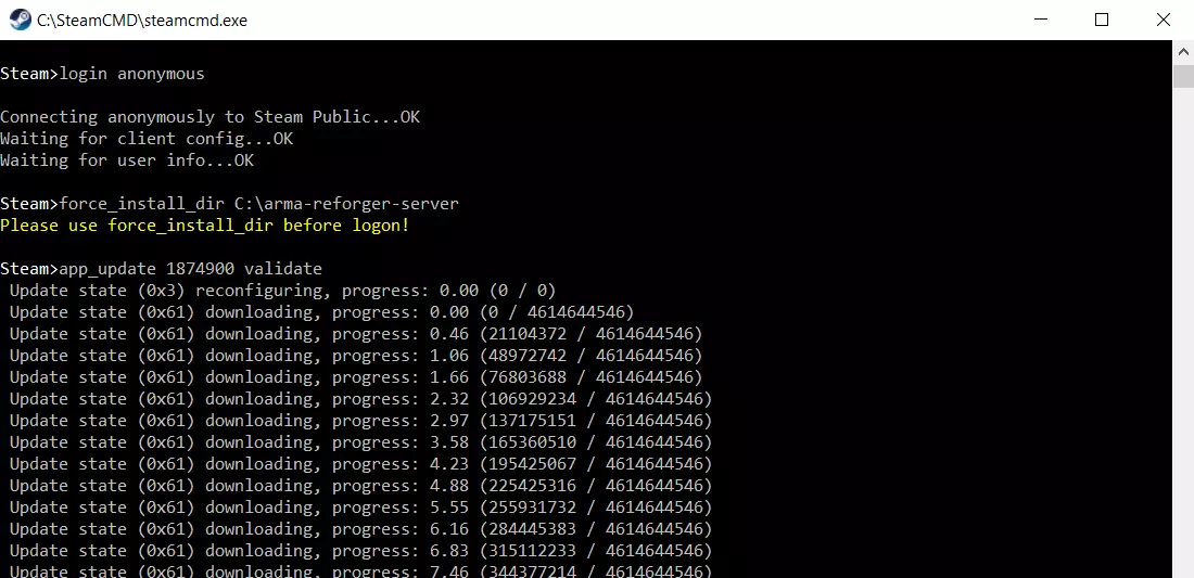 SteamCMD: Anmeldung und Installation der App „Arma Reforger Server“