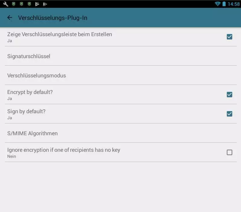 MailDroid: Verschlüsselungseinstellungen