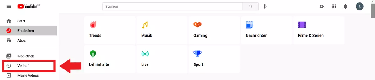 Menüpunkt „Verlauf“ in der YouTube-Sidebar