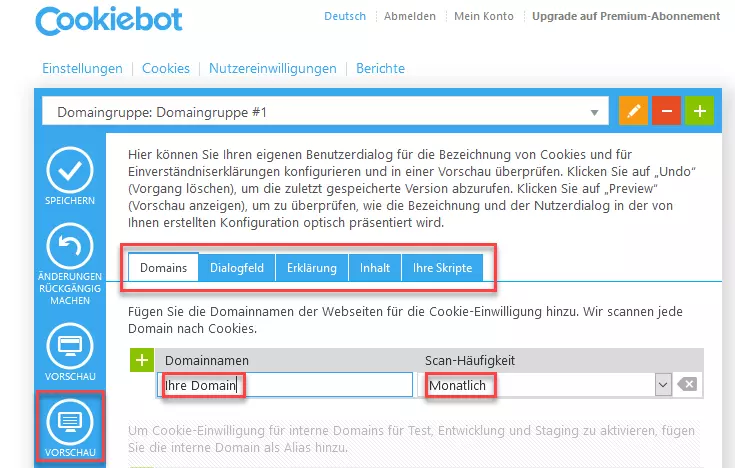 Cookiebot-Website – Einstellungsfelder