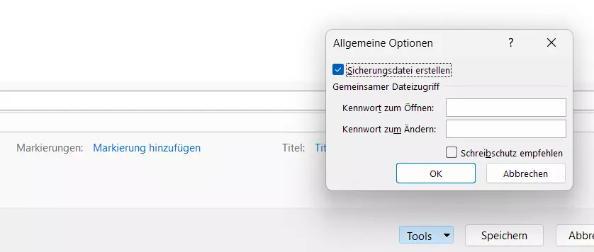 Excel: Option Sicherungsdatei erstellen