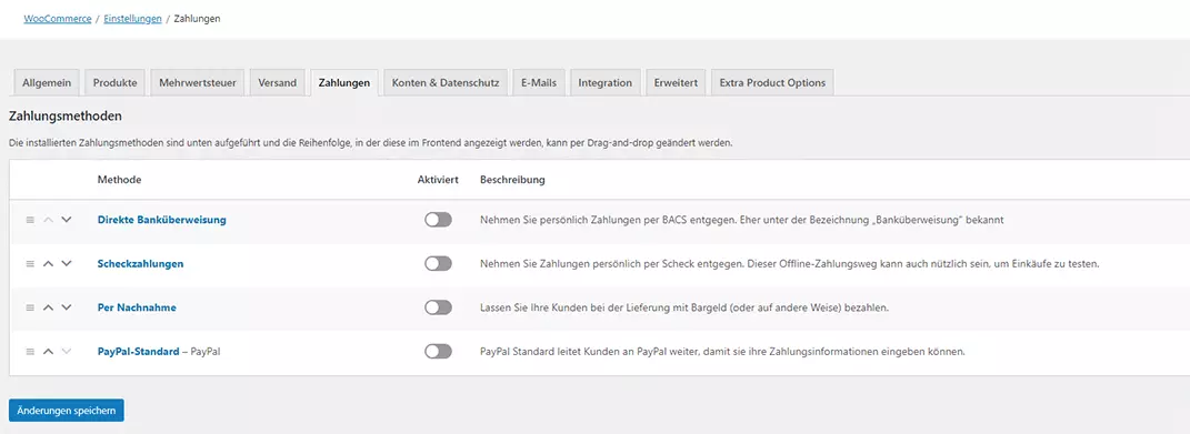 Screenshot der Standard-Zahlungsmethoden bei WooCommerce