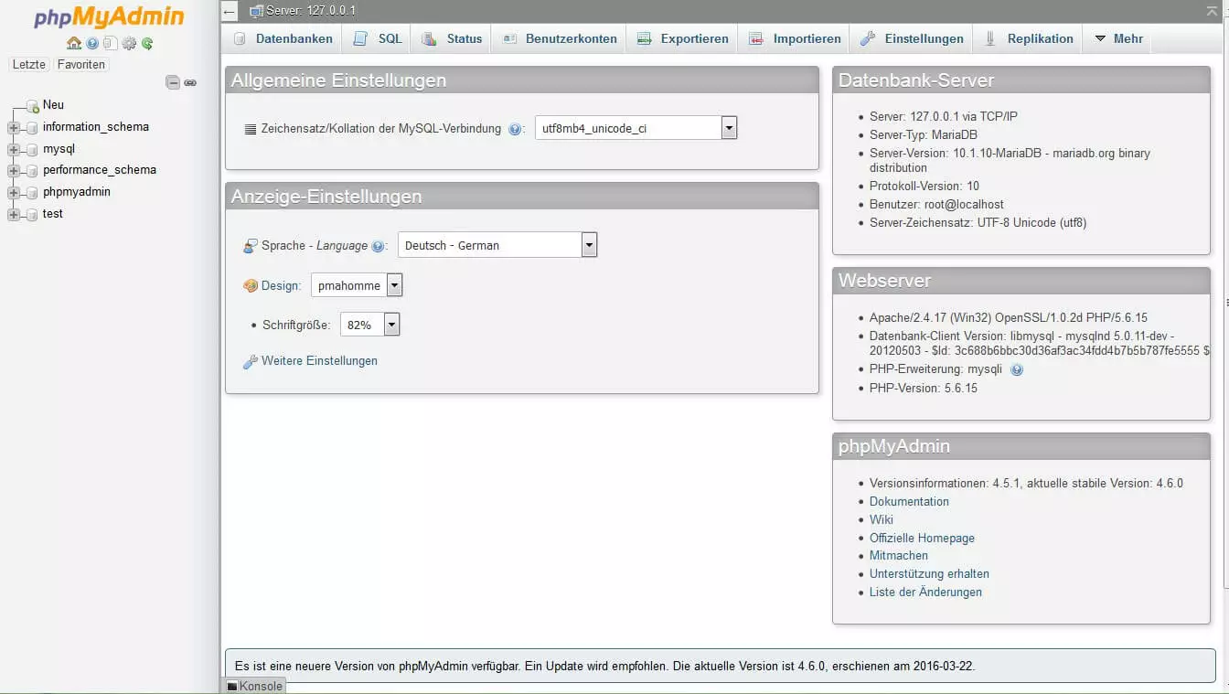 Admin Interface von phpMyAdmin