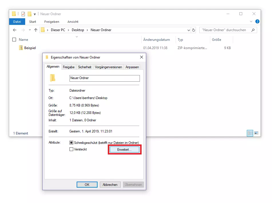 Eigenschaften des Dateiordners: Registerkarte „Allgemein“