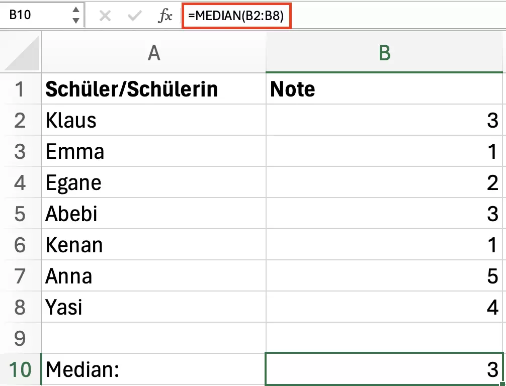 Excel: Median eines Notenspiegels