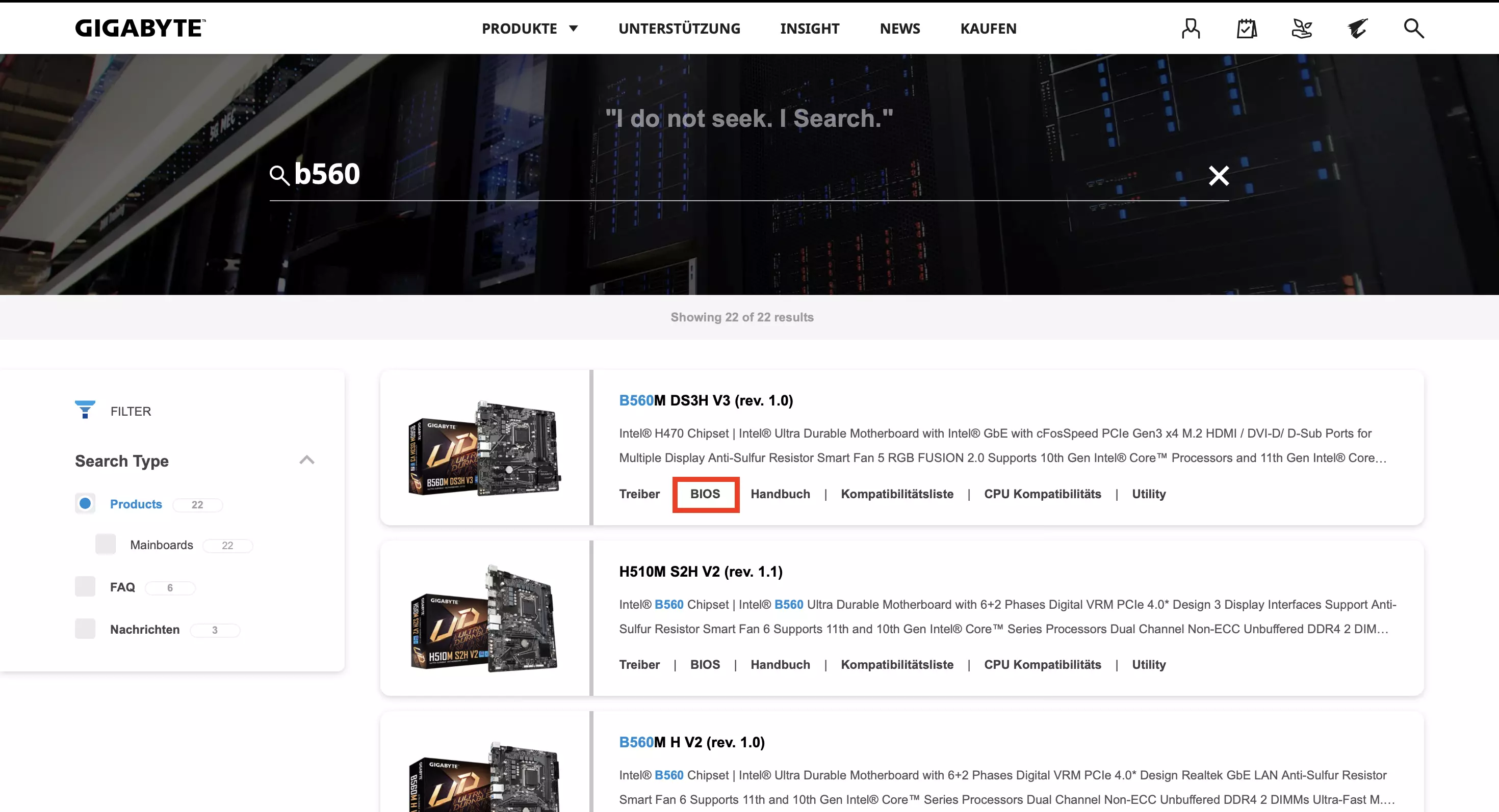 Gigabyte Website: Mainboard suchen