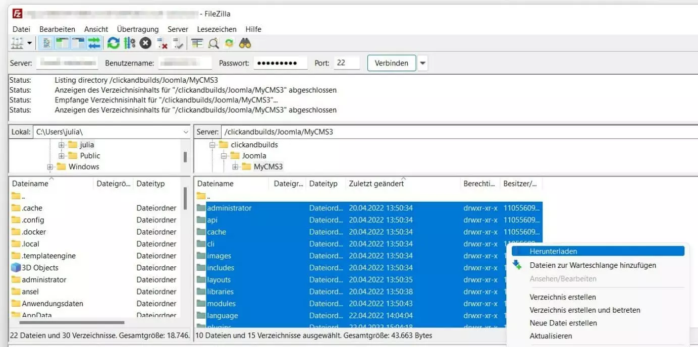 FileZilla: Joomla-Backup (Webspace)