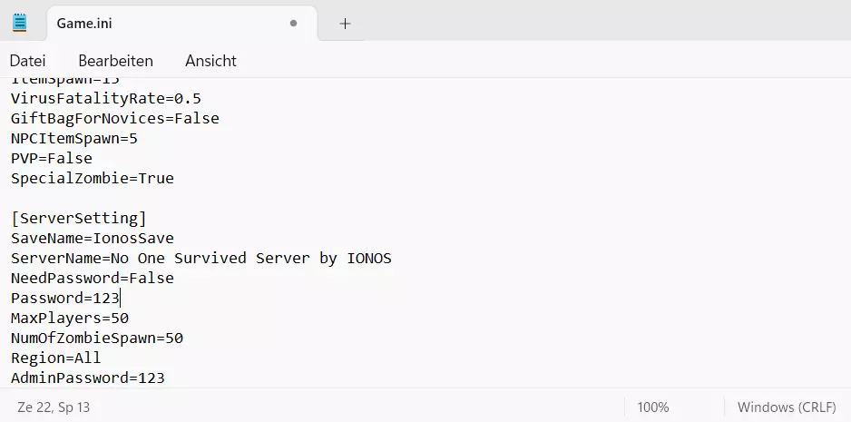 No One Survived: Server-Konfigurationsdatei Game.ini