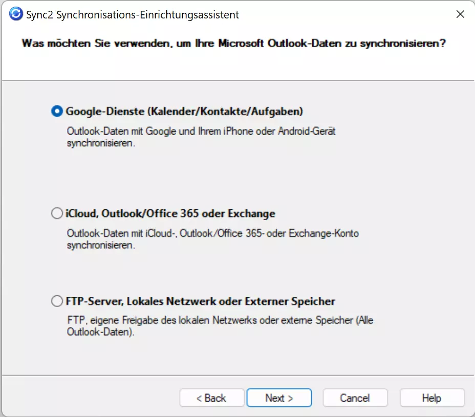 Auswahlmöglichkeiten im Sync2 Synchronisations-Einrichtungsassistenten