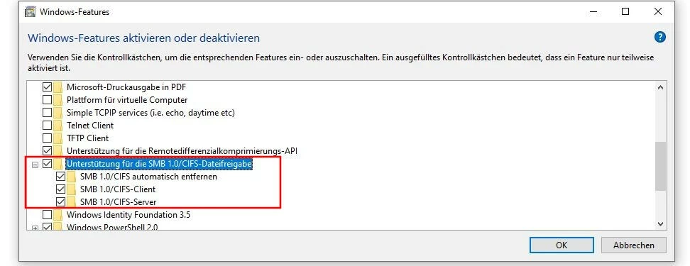 Aktivierung der Windows-SMB-Unterstützung