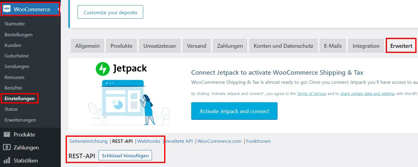 WooCommerce: REST-API-Menü im Backend