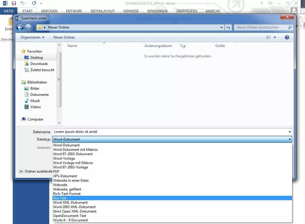 Fenster zur Speicherung eines Word-Dokuments als .txt-Datei