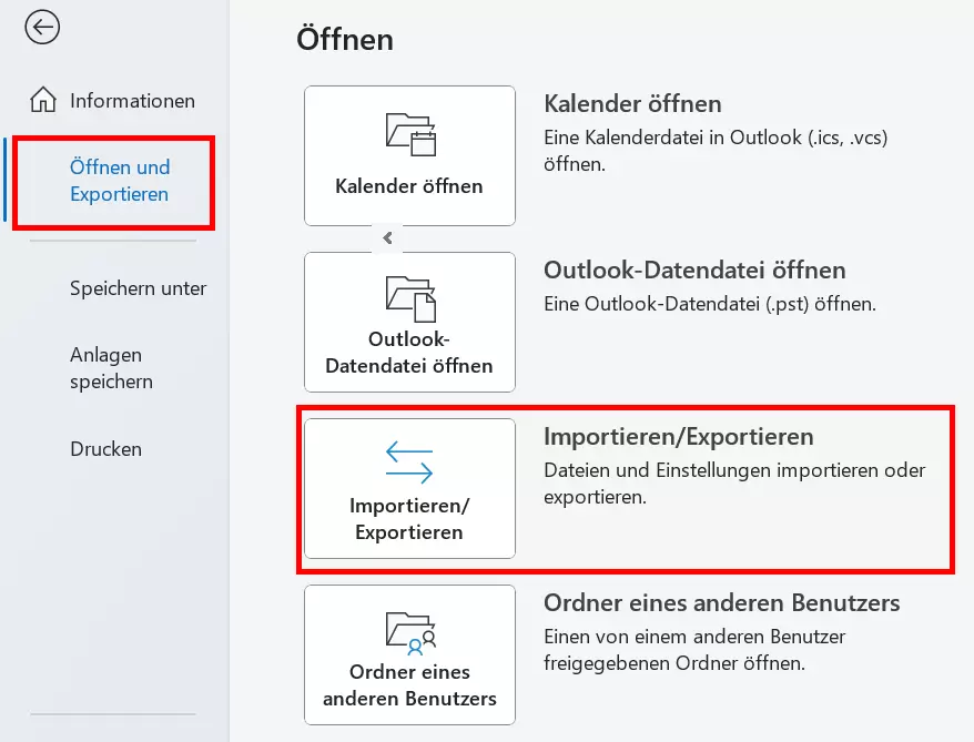 Optionen des „Öffnen“-Menüs in Microsoft Outlook