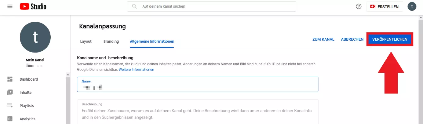 „Veröffentlichen“-Button in der YouTube-Kanalanpassung