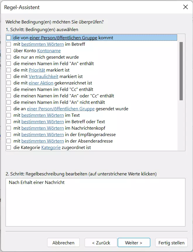 Outlook 365: Der Regel-Assistent – Bedingungen für Posteingangsregeln