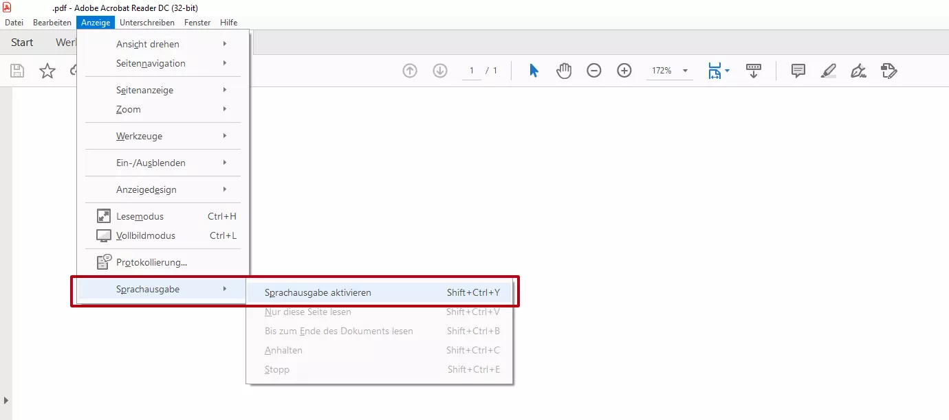 Adobe Acrobat Reader: Menüauswahl „Anzeige“ > „Sprachausgabe“ > „Sprachausgabe aktivieren“