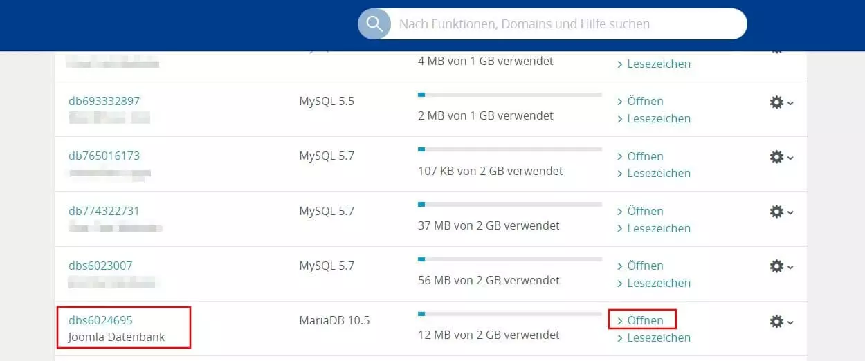 Datenbank-Auflistung im IONOS Cloud Panel