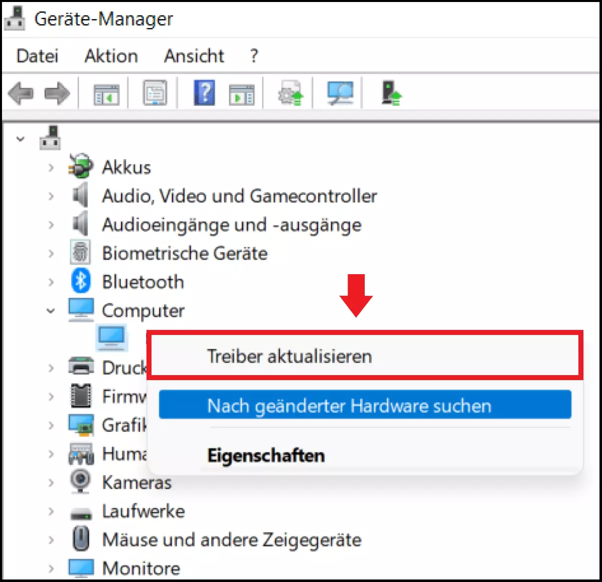 Der Punkt „Treiber aktualisieren“ im Geräte-Manager