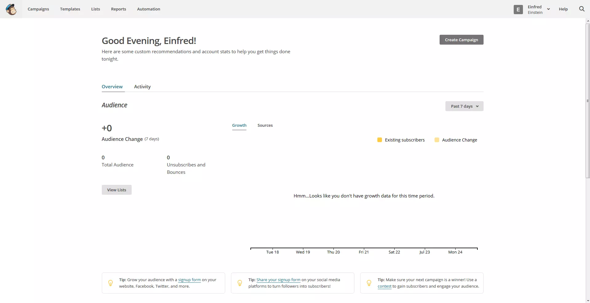 Übersichtsseite von MailChimp