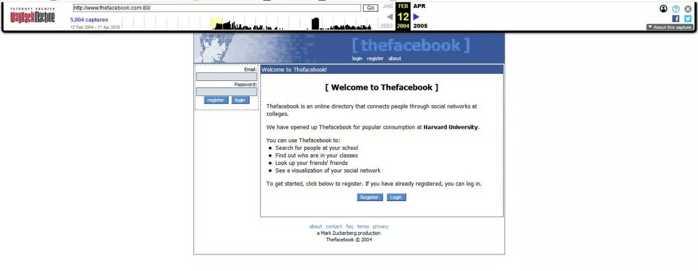 Thefacebook-Log-in-Seite vom 12. Februar 2004 in der Wayback Machine