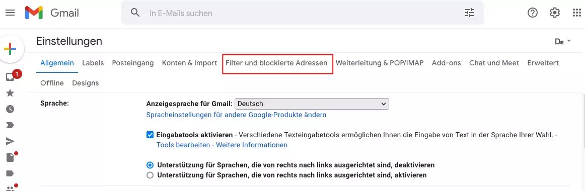 Gmail-Einstellungen mit allen Reitern