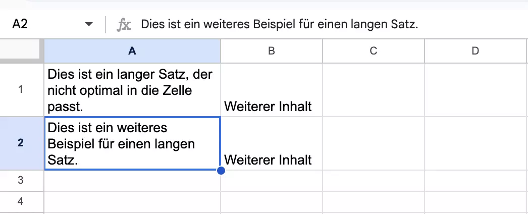 Screenshot eines Zeilenumbruchs mit breiterer Spalte in Google Sheets