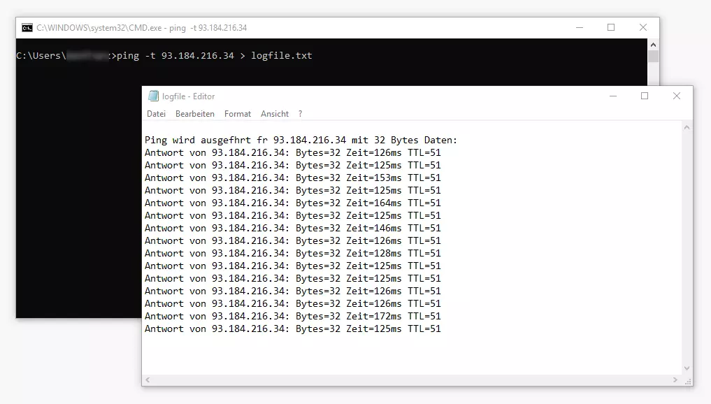 Ping mit Umleitung des Standard-Outputs in eine Textdatei