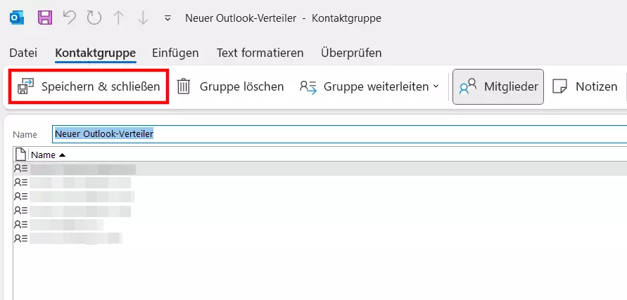 Erstellten Verteiler in Outlook speichern