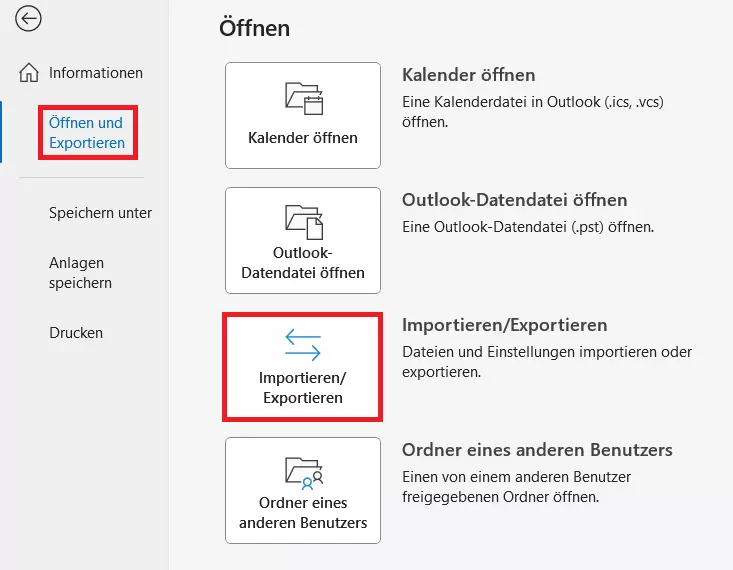 Outlook-Menü „Öffnen und Exportieren“