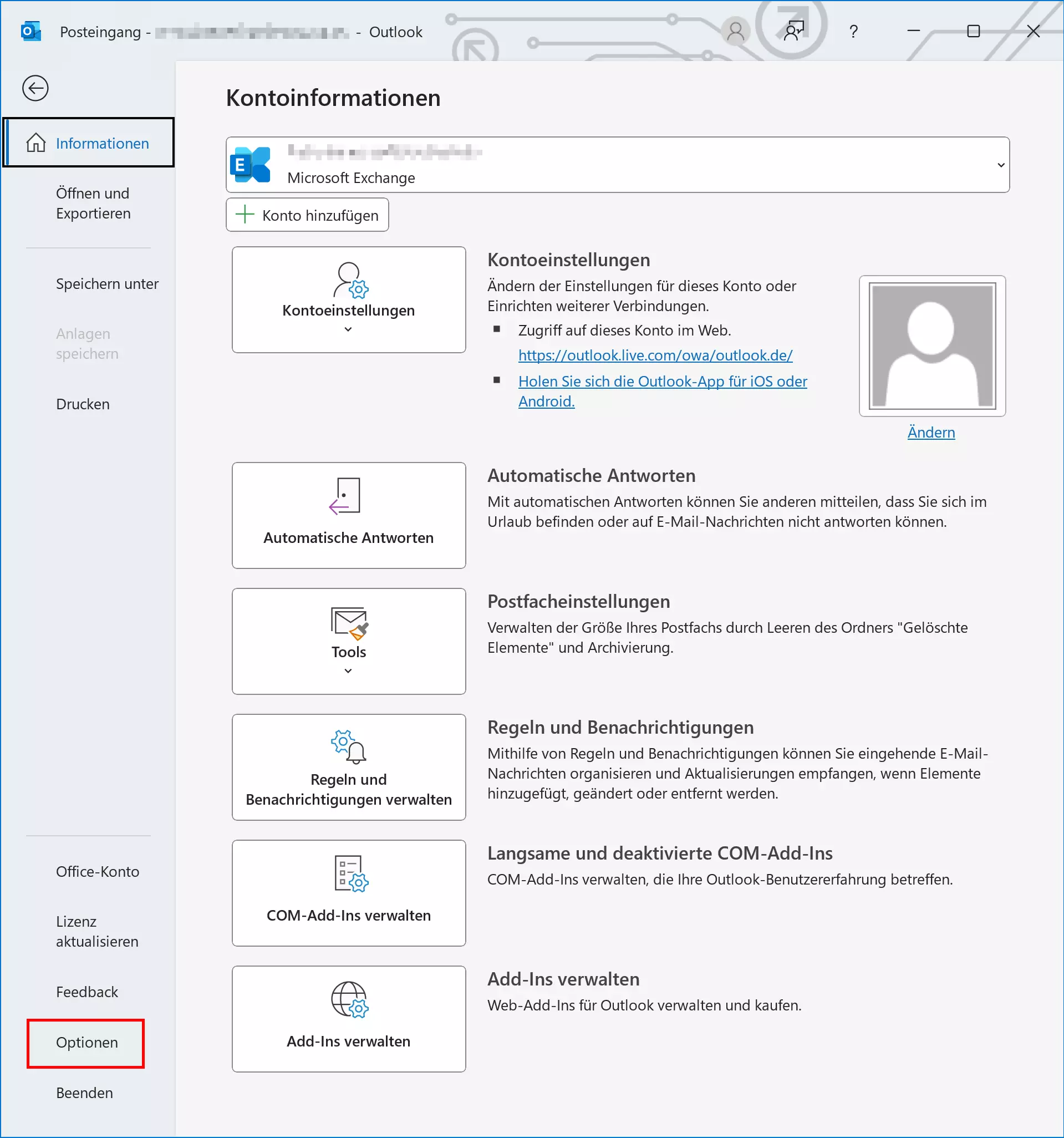 Outlook-Optionen in der Registerkarte „Datei“