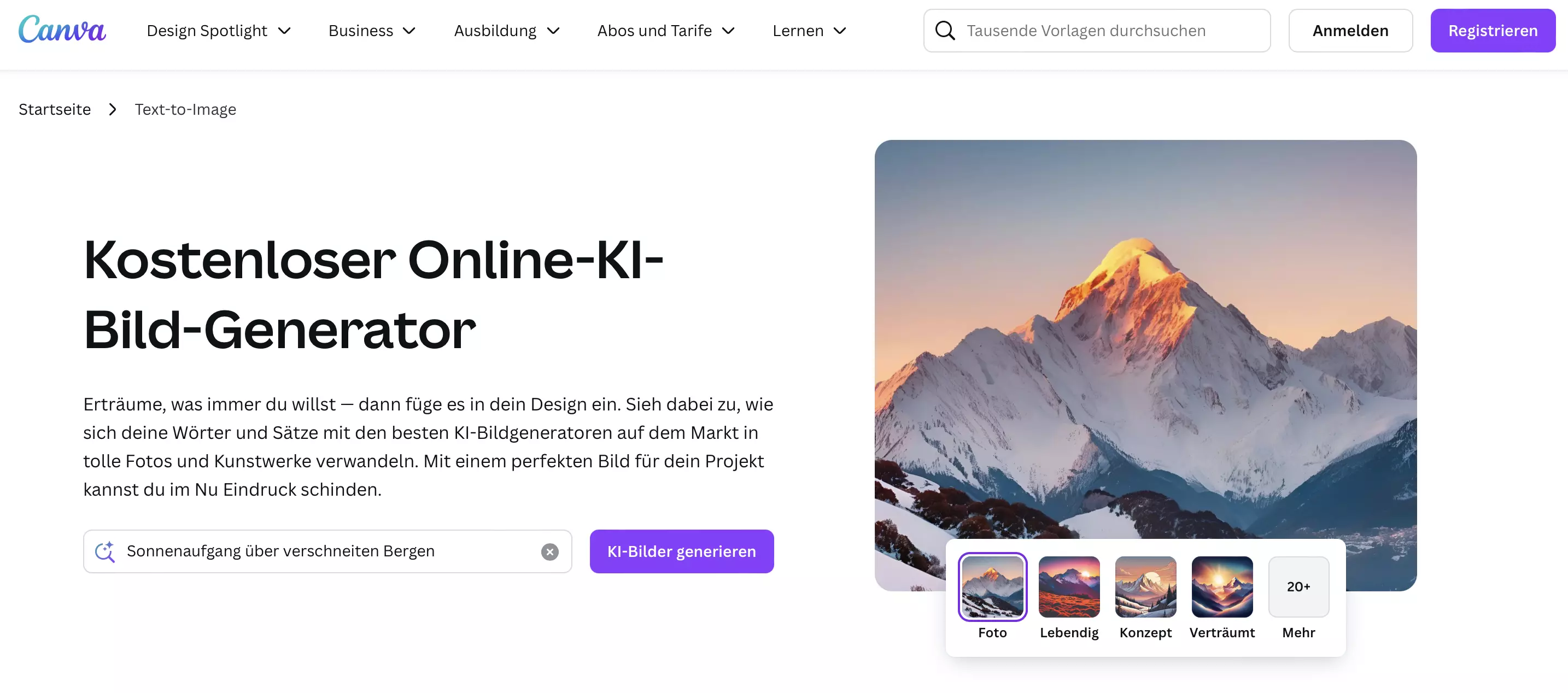 Screenshot der Homepage von Canva