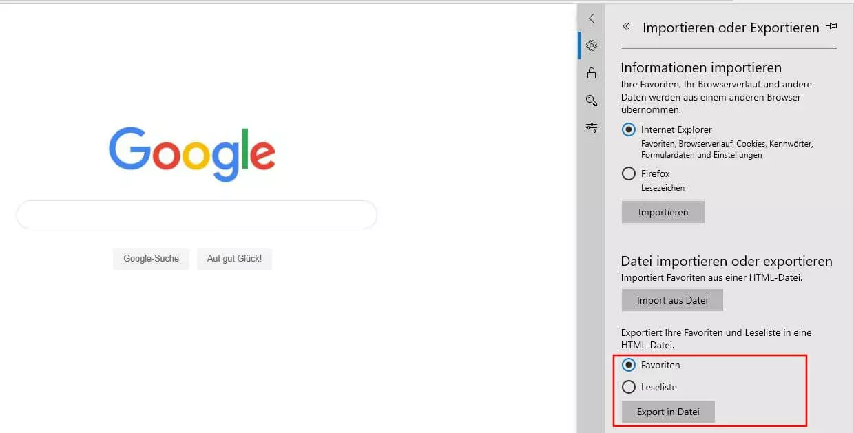 Edge-Menü „Importieren oder Exportieren“