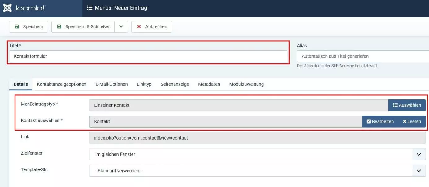 Joomla-Kontaktformular erstellen im Backend