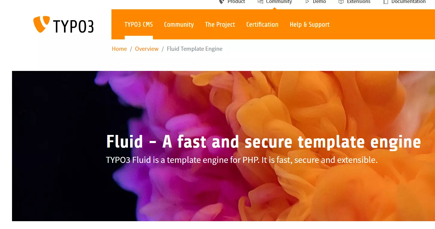 Screenshot der Übersichtsseite zu TYPO3 Fluid