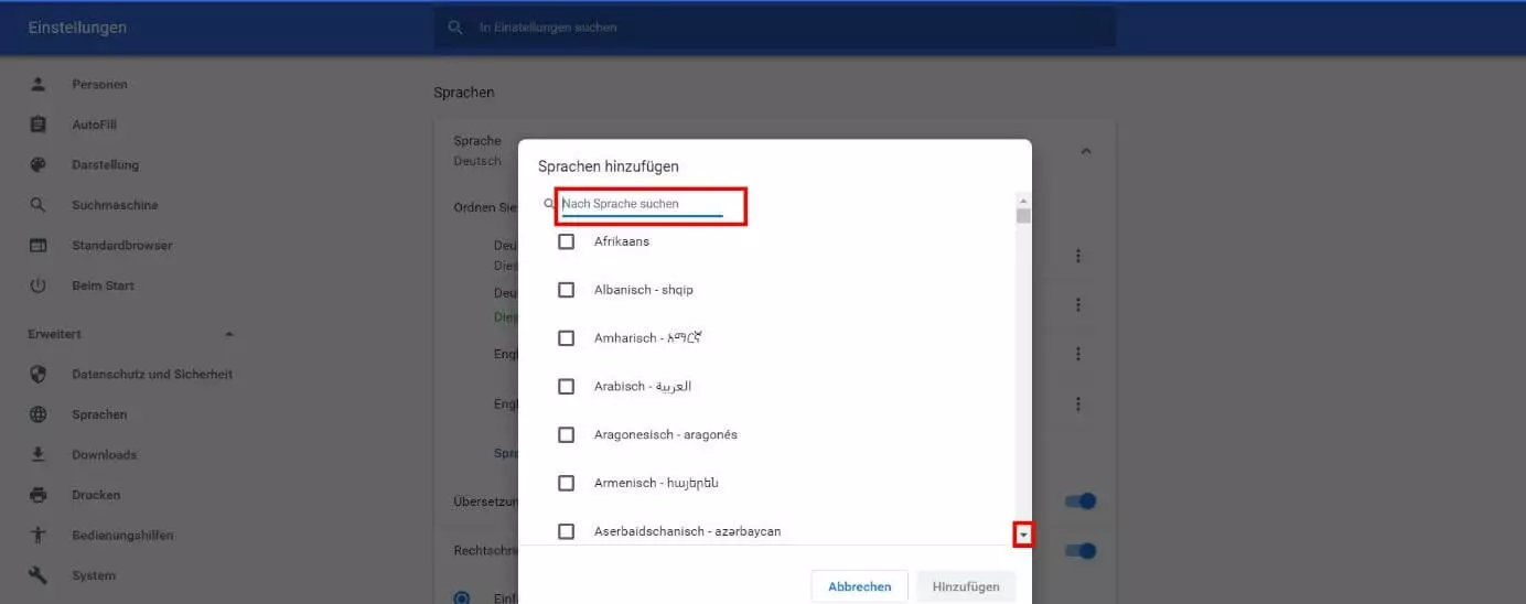 Sprache hinzufügen in der Auswahl in Google Chrome
