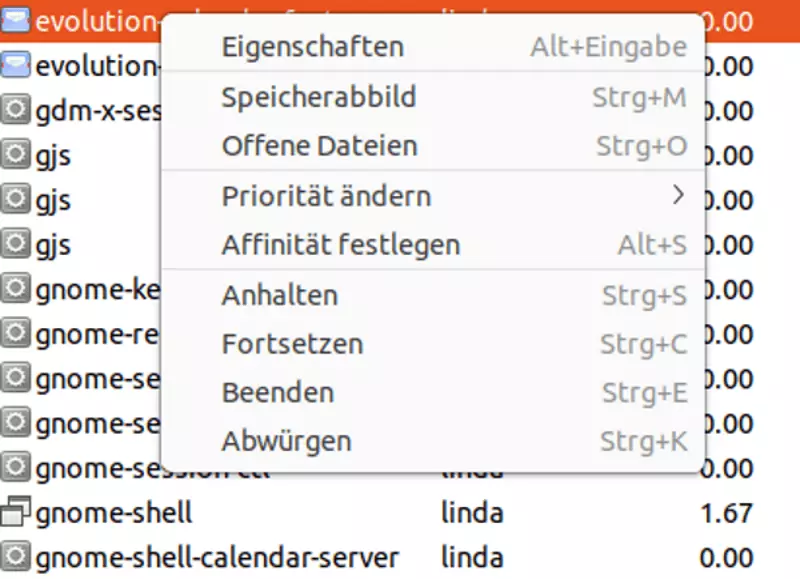 Screenshot des Drop-down-Menüs im Taskmanager