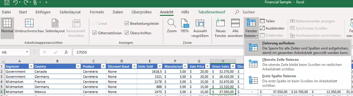 Excel-Menüoption „Fixierung aufheben“