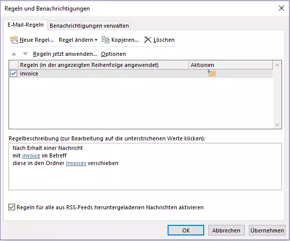 Outlook Regel-Assistent: Dialogfenster „Regeln und Benachrichtigungen“